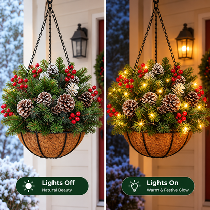 Pre-Lit Christmas Hanging Basket – Warm Evergreen Porch Décor