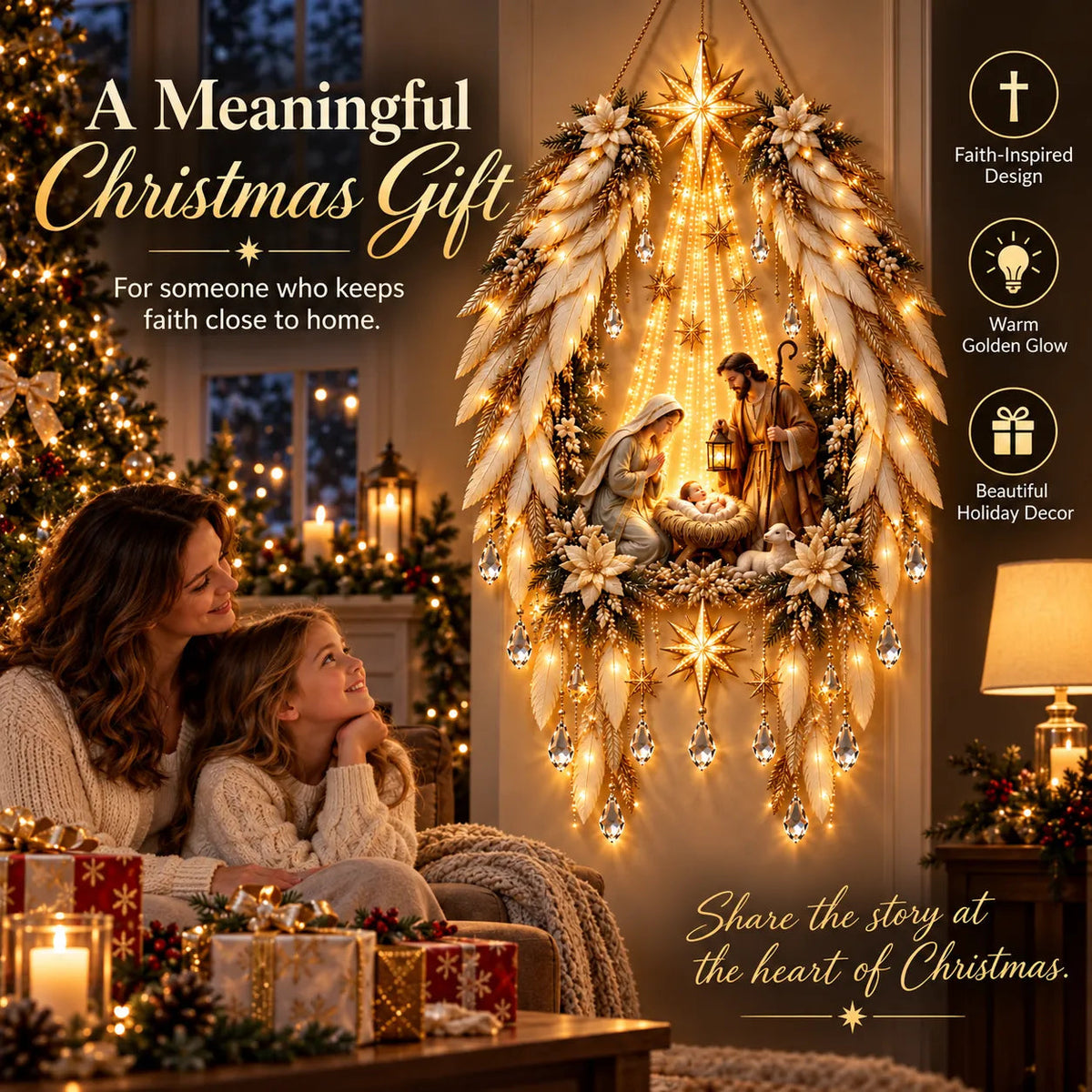 3D Heavenly Angel Wings Nativity Light – Lighted Christmas Wall Decor